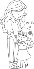 Cute kawaii Mom and daughter cartoon character coloring page vector illustration