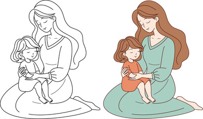 Cute kawaii Mother Holding a Child cartoon character coloring page vector illustration, Happy Mother's day illustrations