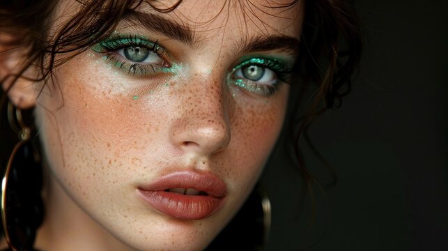 A close-up portrait of a teenage girl with emerald green eye makeup, wearing chunky black earrings.