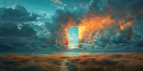 A door is open in the middle of an empty grass field, leading to beautiful cloudy sky with ocean and landscape,generative ai