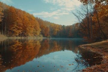 Obraz premium Autumnal forest lake reflecting fall colors and clear blue sky