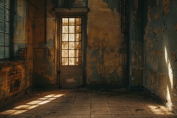 Abandoned room with open door and natural light, peeling paint

