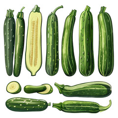 Fresh and Vibrant Zucchini Courgette Illustration Clipart on White Background - Perfect for Print and Digital Projects!