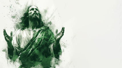 Jesus is praying with his hands raised upwards, green watercolor paint