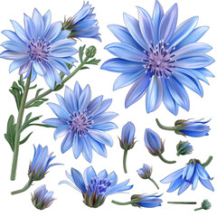 Vibrant Chicory Illustration Set ? 3D Realistic Design for Print, Isolated Vector Clipart with Flat Colors on White Background