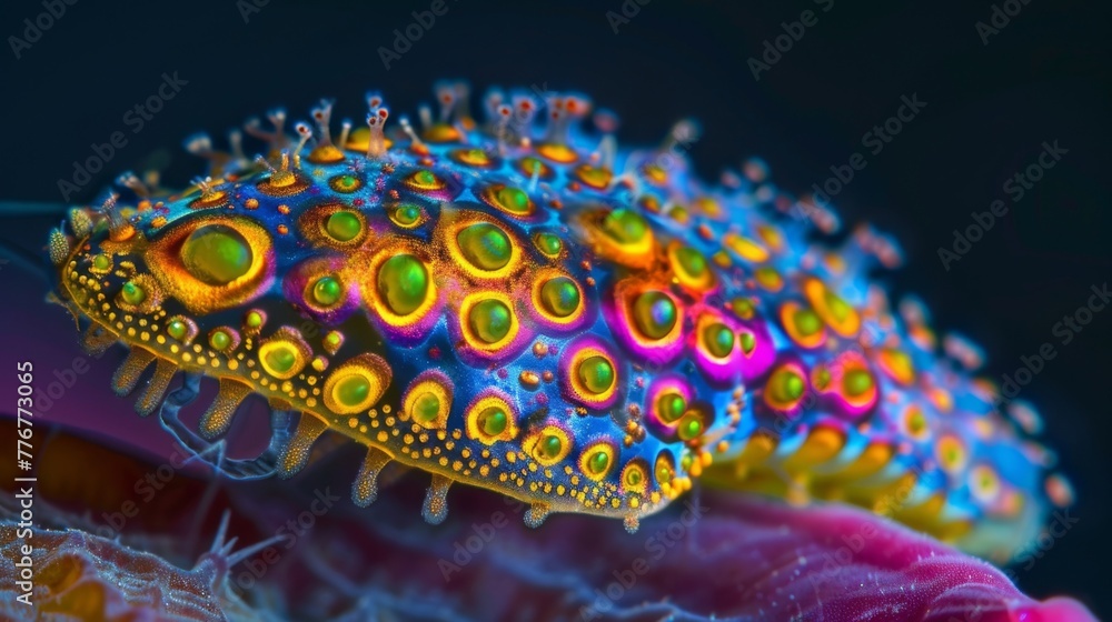 Poster a brightly colored image of a parasitic protozoan with vibrant and elaborate patterns on its surface