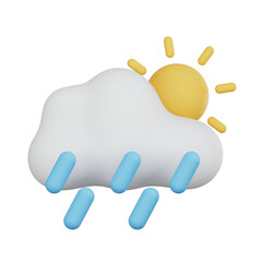 3D render minimalist cloud with raindrops and sun icon, designed for rainy at day, suitable for weather apps and forecasts, transparent background.