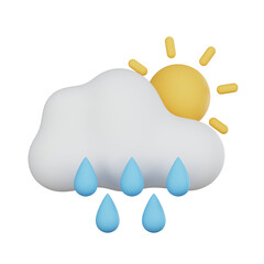 3D render minimalist cloud with raindrops icon, designed for drizzling at day, suitable for weather apps and forecasts, transparent background.