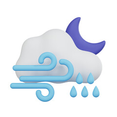 3D render of drizzling and windy at night, sun icon, suitable for weather apps and forecasts, transparent background.