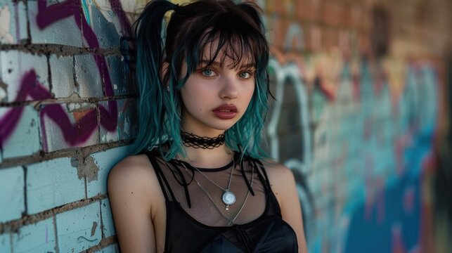 A teenage girl with teal highlights in her hair, wearing a black mesh top and vinyl skirt, posing against a graffiti-covered wall.