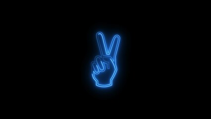 Abstract beautiful neon light hand showing two finger icon isolated on black background. Hand gesture V sign for victory or winner. 4K illustration background.