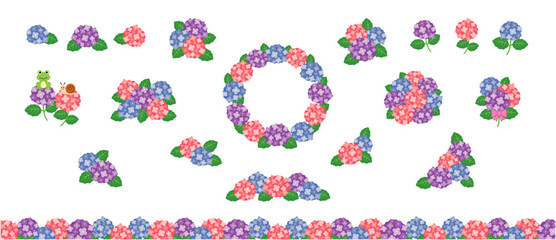 紫陽花のかわいいイラスト素材セット（フラットデザイン）