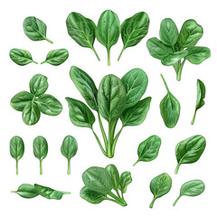 Vibrant Spinach Illustration Set - Perfect for Print Projects and Design Inspirations, Isolated Vector Clipart on White Background
