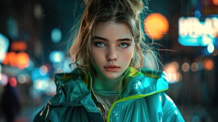 A teen with a sleek teal windbreaker, neon green accents, against a dark urban backdrop.