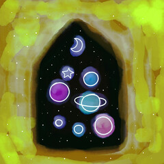 planets and the moon in the horoscope house. space illustration on a background of stars. astrology. multicolor picture.
