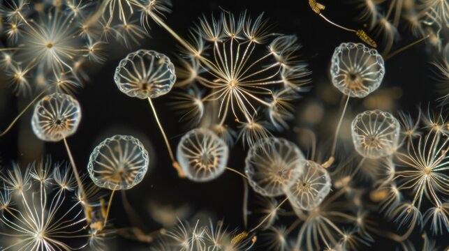 An overhead view of a collection of conidia with each individual structure resembling a tiny dandelion seed head ready to spread and