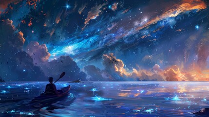 Kayak slicing through a bioluminescent sea under a comet-strewn sky - obrazy, fototapety, plakaty