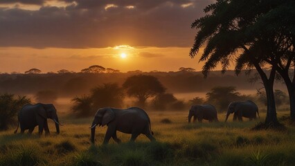 Highlight the beauty of African nature, big trees, colorful foliage, beautiful elephants, savanna scenery, vast countryside, cinematic, colorful epic, hyper-realistic, sunset