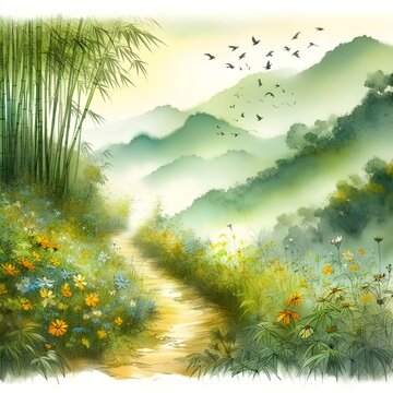 A picture of a walkway along the bamboo forest and wild flowers along the way in Chinese painting style.