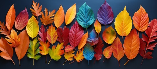 Vibrant and varied autumn leaves in a close-up shot, showcasing their rich colors against a dark...