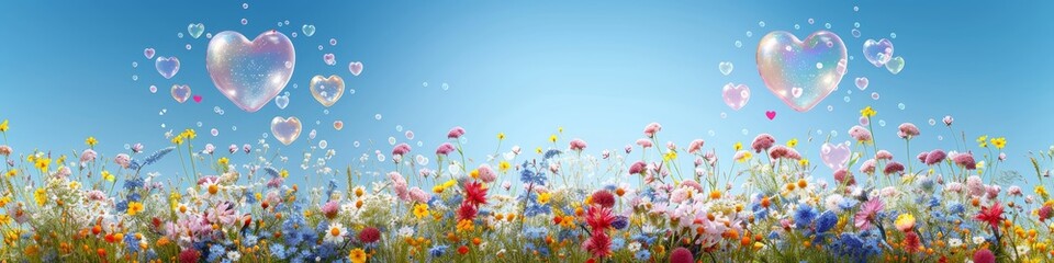 Panoramic View of Heart-Shaped Bubbles Above a Blooming Field Signifying Joy and the Beauty of Nature