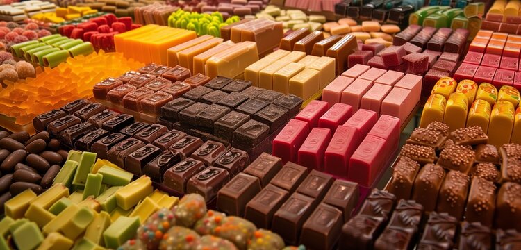 Rows of delectable candies and chocolates adorn a lavish dessert buffet, enticing sweet-toothed guests.