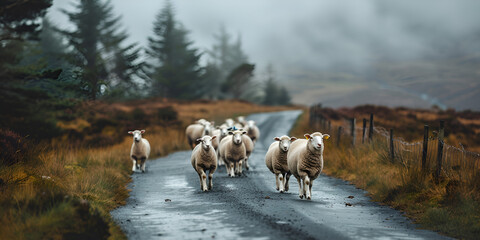 Flock of sheep running on a small asphalt road in foggy Connemara, Ireland. . generative ai 