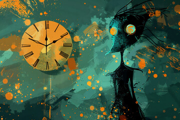 Create an abstract cartoon character inspired by the concept of time traveling - obrazy, fototapety, plakaty