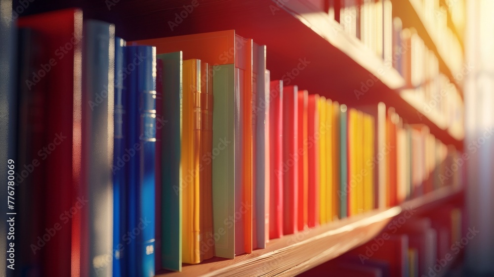 Poster a row of books neatly arranged on a wooden shelf. the books are varied in size and color, creating a