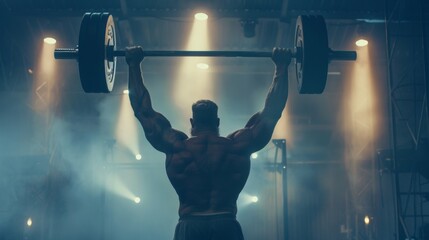 A burly strongman lifts a massive barbell above head back facing the camera as displays impressive strength. The dimly . . - obrazy, fototapety, plakaty