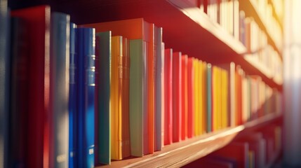 A row of books neatly arranged on a wooden shelf. The books are varied in size and color, creating a visually appealing display. 