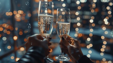 Two individuals are celebrating and toasting with glasses of champagne against the backdrop of a city skyline. The cityscape features tall buildings, lights, and a bustling urban environment. - obrazy, fototapety, plakaty