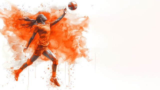 Orange watercolor painting of Volleyball player in action