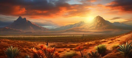 Sun setting over a serene desert with majestic mountains in the background in a captivating artistic depiction