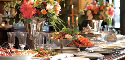A beautifully set buffet table awaits guests, adorned with gleaming dishware and elegant decor. 