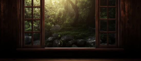 Gazing through a window reveals a picturesque scene of lush forest and rugged rocks in close proximity