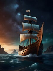 Valhalla Viking Ship Journey Through Cosmic Wonders - obrazy, fototapety, plakaty