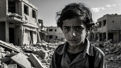  A kid in front of rubble buildings, with empty eyes and tattered clothing, symbolizing the lost to shelter and home