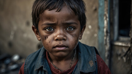 A child living in poverty, with empty eyes and tattered clothing, symbolizing the innocence lost to economic hardship - obrazy, fototapety, plakaty