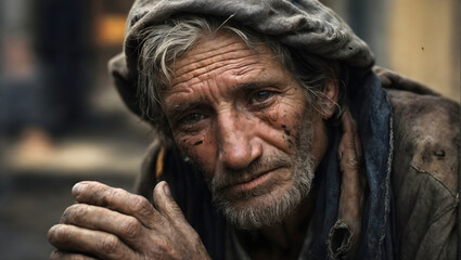 The hardships of poverty, with a close-up of a homeless person's weathered face and hands