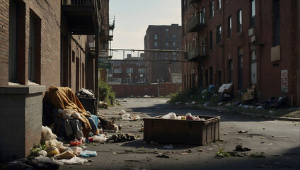 A gritty urban scene depicting poverty, with dilapidated buildings, litter-strewn streets, and homeless individuals seeking shelter,