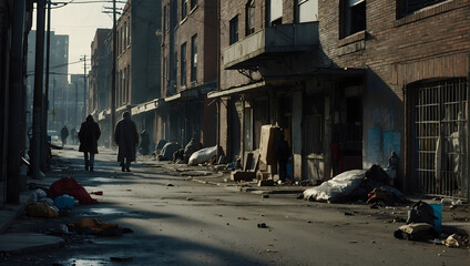 A gritty urban scene depicting poverty, with dilapidated buildings, litter-strewn streets, and homeless individuals seeking shelter