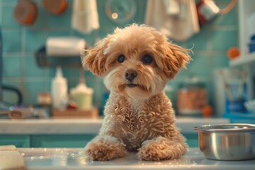 Adorable Poodle Pampered During Relaxing Grooming Session in Home Bathroom