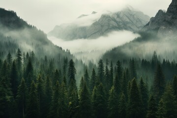 a forest of trees and mountains - obrazy, fototapety, plakaty