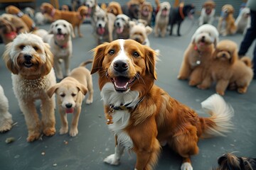 Energetic Dogs Joyfully Playing at a Pet Daycare Center Under Attentive Supervision - obrazy, fototapety, plakaty