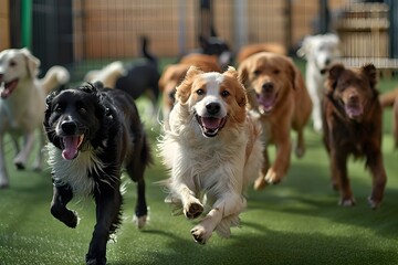 Energetic Dogs Frolicking at a Pet Daycare Center in a Grassy Outdoor Setting - obrazy, fototapety, plakaty