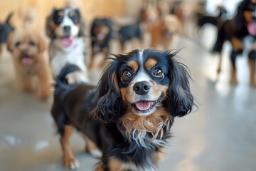 Energetic Dogs Romping and Playing at a Vibrant Pet Daycare Center Under Attentive Staff Supervision