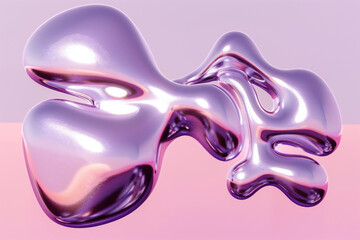 Liquid chrome magic: a captivating purple droplet, with a metallic sheen, dances in a world of soft pink hues. 