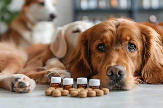 Golden Retriever Dog Resting Near Wellness Supplements and Medications for Optimal Pet Health and Care
