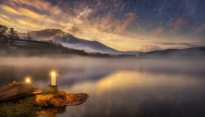 fountain at night, The lone candle stands guard over the forgotten feast, Ai Generate - obrazy, fototapety, plakaty